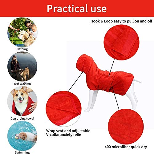 GZGZADMC Toalla de secado para perro, de secado rápido, súper absorbente, toalla de microfibra ajustable, bata absorbente para perro, 32-38 cm, color rojo