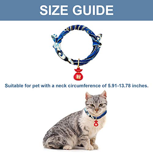 HACRAHO Collar de gato con campana, 1 paquete de 1 collar azul japonés con estampado de ondas para mascotas con campana de fortuna para gatos pequeños, cachorros y mascotas, M