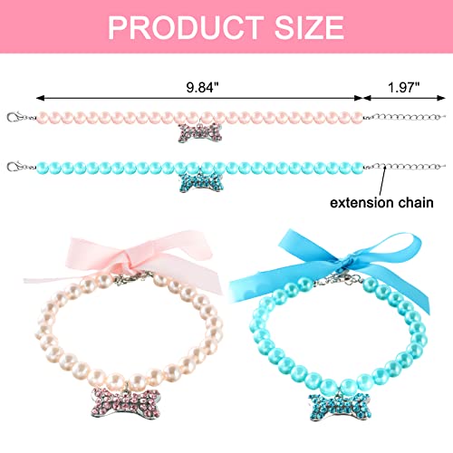HACRAHO Collar de Perlas para Perros, Collar de Boda para Gatos de 2 Piezas con Colgante de Hueso de Piedras Preciosas para Mascotas Gatos Chica Trajes Accesorios, Azul Lago y Rosa Claro