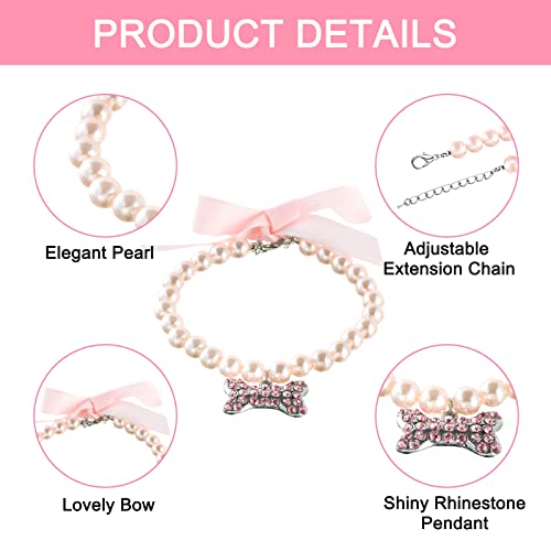HACRAHO Collar de Perlas para Perros, Collar de Boda para Gatos de 2 Piezas con Colgante de Hueso de Piedras Preciosas para Mascotas Gatos Chica Trajes Accesorios, Azul Lago y Rosa Claro