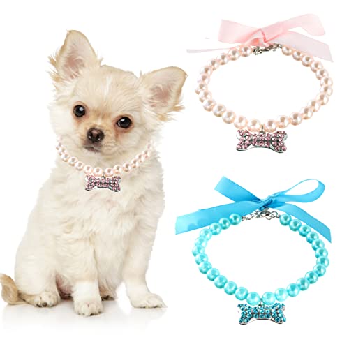 HACRAHO Collar de Perlas para Perros, Collar de Boda para Gatos de 2 Piezas con Colgante de Hueso de Piedras Preciosas para Mascotas Gatos Chica Trajes Accesorios, Azul Lago y Rosa Claro