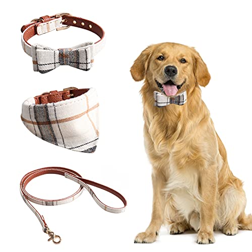 HACRAHO Conjunto de Collar Y Correa para Perro con Pajarita, 3 Uds.Collar de Pajarita Ajustable para Perro Y Juego de Correa de Bandana para Perros, Cachorros Y Gatos Caminando Al Aire Libre, Blanco