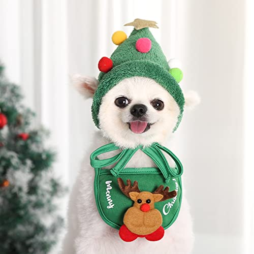 HACRAHO Pañuelo Y Gorro Navideño para Perro, 2 Paquete de Gorro Navideño Ajustable para Mascotas Y Pañuelo Triangular para Mascotas, Verde
