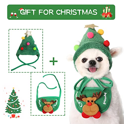 HACRAHO Pañuelo Y Gorro Navideño para Perro, 2 Paquete de Gorro Navideño Ajustable para Mascotas Y Pañuelo Triangular para Mascotas, Verde
