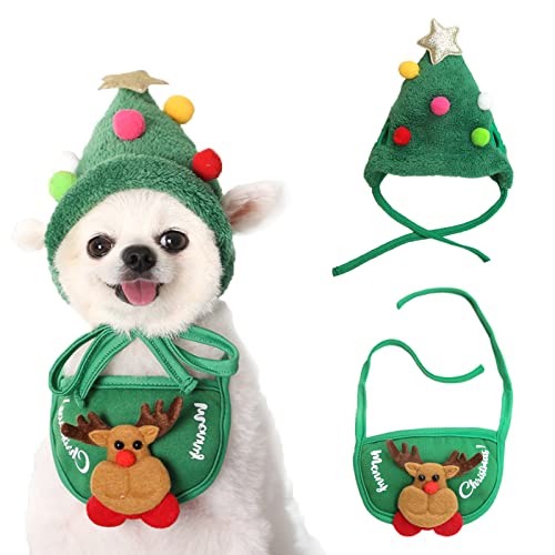 HACRAHO Pañuelo Y Gorro Navideño para Perro, 2 Paquete de Gorro Navideño Ajustable para Mascotas Y Pañuelo Triangular para Mascotas, Verde