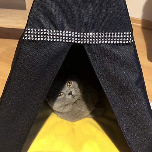 Halkalife Cama de tipi para gatos, tienda de campaña Glamour para gatos y perros, casa para gatos, gato wigwam, nido para gatos, tienda para cachorros (M, negro, pantera)