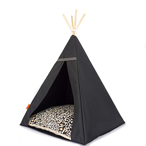 Halkalife Cama de tipi para gatos, tienda de campaña Glamour para gatos y perros, casa para gatos, gato wigwam, nido para gatos, tienda para cachorros (M, negro, pantera)