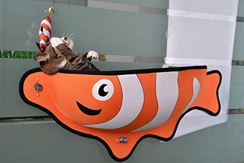 Hamaca para Gatos Cama con Forma de pez Cama con Ventana Hermosa y Firme Tumbona Ventosas Cama cálida y Linda Mascota Gato Casa de Descanso Suave y cómoda