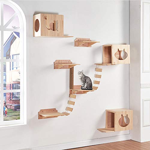 Hamaca para mascotas, montaje en pared, escalera de madera hecha a mano, soporte de pared, barra para gatos, árbol de escalada, estante, puente para gatos, escalera, escalera, marco natural duradero.