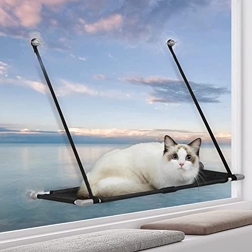 Hamaca Ventana de Gato, Cama Gato Colgante para Gato, Hamaca Ventosa para Gatos con Ventosas, para Descansar y Tomar el Sol, Regala Un Palo de Gato Gracioso, La Cama Mascotas (Negro)