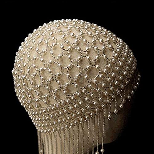 Handmade Hollowed Pearl Tassel Forehead Headpiece Bridal Head Chain for Women Pearls Head Cap Hat Headband Accessories