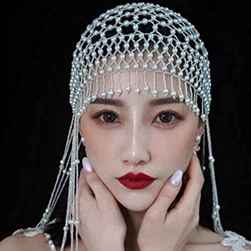 Handmade Hollowed Pearl Tassel Forehead Headpiece Bridal Head Chain for Women Pearls Head Cap Hat Headband Accessories