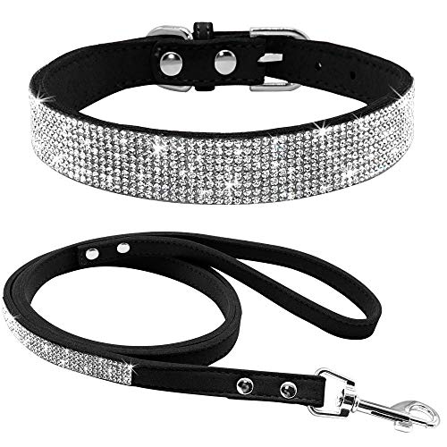 haoyueer Lindo deslumbrante y elegante elegante de gamuza suave de cuero con diamantes de imitación de cristal Jeweled Pet Cat Dog Dog Collar de perrito Combo de correa para perro (M, negro)
