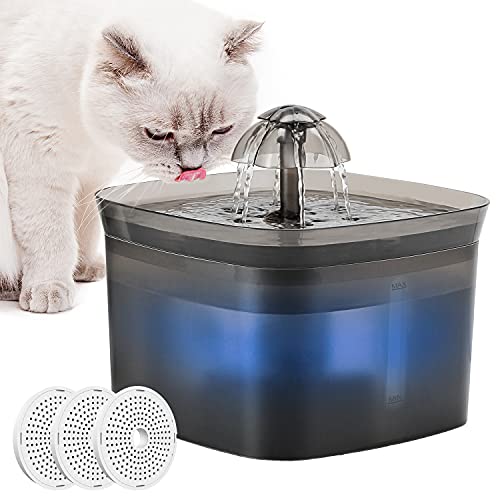 HAPPY HACHI Fuente Agua para Gatos Silenciosa con Sensor, 2,5L Bebedero Gatos Automatico, con 3 Filtros, 2 Cabezales Fuente, Dispensador Agua Gatos Silencioso Led Visión Nocturna Y Ventana Nivel Agua,