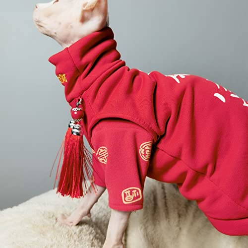 HCCY Ropa de Gato sin Pelo de esfinge, Estilo de año Nuevo, Borla, Caracteres Chinos, Chaleco Rojo Festivo Rico,Rojo,L +