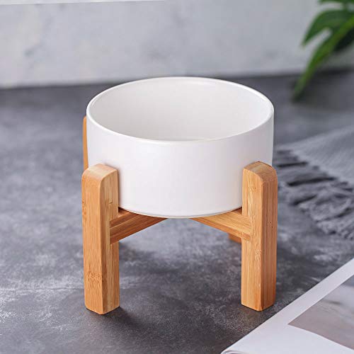 HCHLQLZ Blanco Ceramica Comedero Elevado Perro y Comedero Gato - 850 ml - En un Elegante Soporte de bambú - También Adecuado para Perros Grandes/Grandes felinos