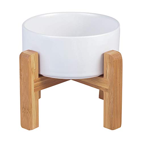 HCHLQLZ Blanco Ceramica Comedero Elevado Perro y Comedero Gato - 850 ml - En un Elegante Soporte de bambú - También Adecuado para Perros Grandes/Grandes felinos