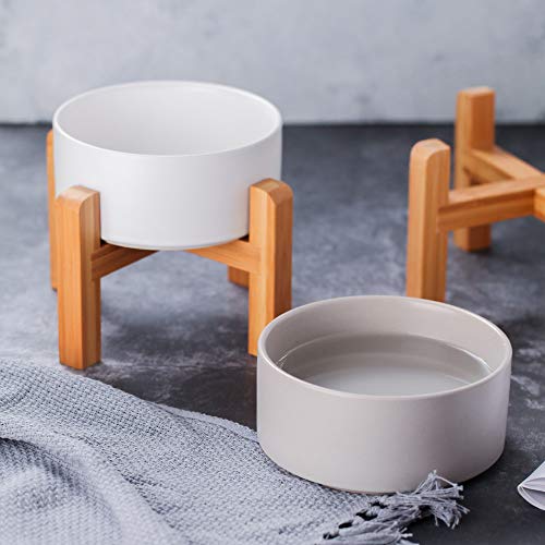 HCHLQLZ Gris Ceramica Comedero Elevado Perro y Comedero Gato - 850 ml - En un Elegante Soporte de bambú - También Adecuado para Perros Grandes/Grandes felinos