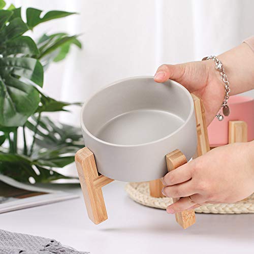 HCHLQLZ Gris Ceramica Comedero Elevado Perro y Comedero Gato - 850 ml - En un Elegante Soporte de bambú - También Adecuado para Perros Grandes/Grandes felinos