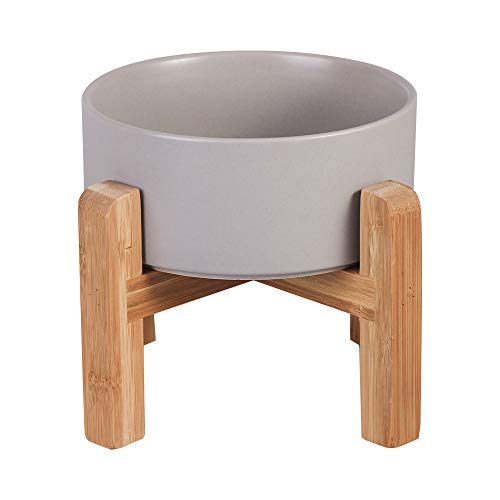 HCHLQLZ Gris Ceramica Comedero Elevado Perro y Comedero Gato - 850 ml - En un Elegante Soporte de bambú - También Adecuado para Perros Grandes/Grandes felinos