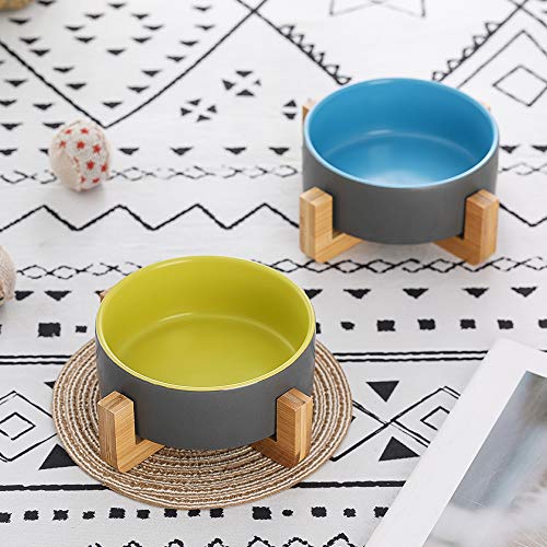 HCHLQLZ Gris Verde Ceramica Comedero Perro y Comedero Gato - 400 ml - En un Elegante Soporte de bambú - También Adecuado para Perros Grandes/Grandes felinos