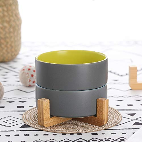 HCHLQLZ Gris Verde Ceramica Comedero Perro y Comedero Gato - 400 ml - En un Elegante Soporte de bambú - También Adecuado para Perros Grandes/Grandes felinos