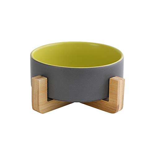 HCHLQLZ Gris Verde Ceramica Comedero Perro y Comedero Gato - 400 ml - En un Elegante Soporte de bambú - También Adecuado para Perros Grandes/Grandes felinos