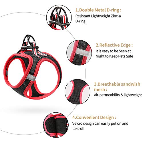 HEELE Arnés Chaleco Gatito Perro Pequeño Ajustable Suave Acolchado Cómodo para Viajar Pasear con Mascota Pequeña Cachorro Chihuahua, Negro y Rojo, XS