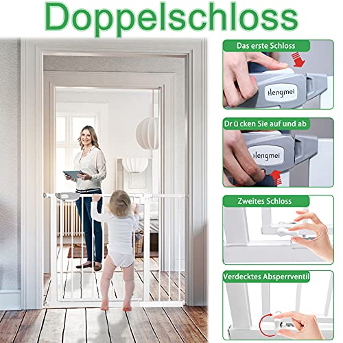 HENGMEI Barrera de Seguridad de Niños para Puertas extensible de metal 105-115cm Auto Close, Sin Taladrar, Blanco