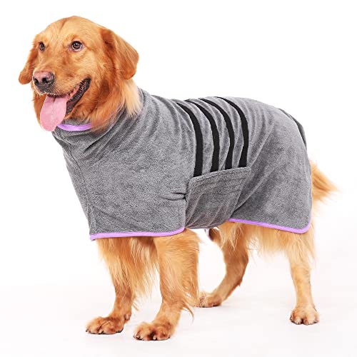 HezzLuv Albornoz para Perros, Albornoz de Microfibra para Perros medianos y Grandes, Color Gris, Toalla de baño para Perros, Secado rápido, superabsorbente, para Mascotas Perros y Gatos, L