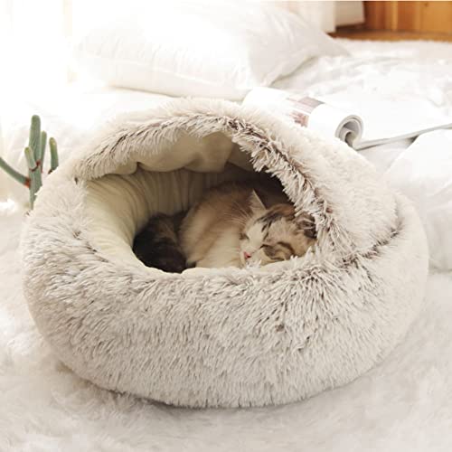 HHuin Cama para Perros y Gatos, Cama Redonda de Felpa para Gatos, Cama cálida, Cama de Felpa Larga y Suave para Perros pequeños, Nido para Gatos, Cama para Gatos 2 en 1