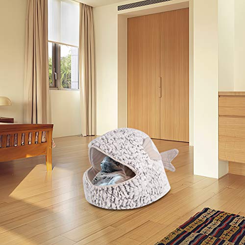 Hinzonek Cueva de La Casa del Gato en Forma de Pez Dorado Sala de Gatito Suave Y Acogedora con Cojín Extraíble Zona de Calentamiento Abrazo Cueva Más Cálida Cama para Dormir Cuna para Gato
