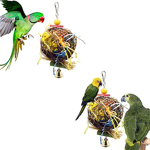 HJGKKA 2 Pieza Juguete de Pájaros Bolas de Ratán, Masticador Trituradora Juguete con Campanas, Bolas de Ratán de Papel Colorido Colgar Juguetes de Jaula, para Pájaros Pequeños, Loros