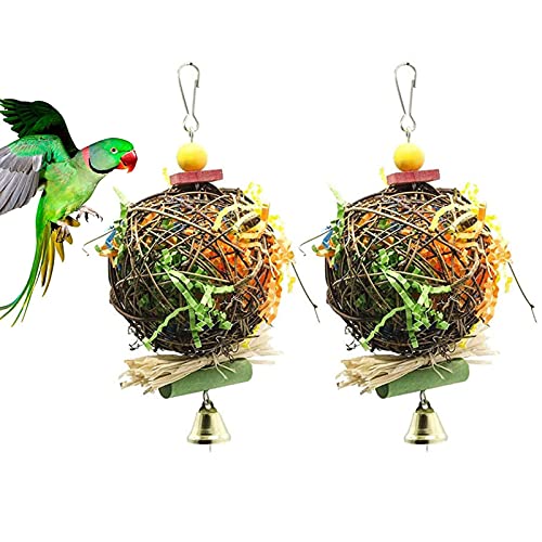 HJGKKA 2 Pieza Juguete de Pájaros Bolas de Ratán, Masticador Trituradora Juguete con Campanas, Bolas de Ratán de Papel Colorido Colgar Juguetes de Jaula, para Pájaros Pequeños, Loros