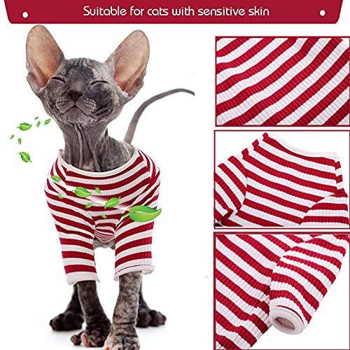 Hjyokuso Ropa de Gato sin Pelo de algodón, Transpirable, de Verano, a Rayas, Chaleco para Mascotas, Suave, elástica, Agradable a la Piel, para Gatos, Pijamas, Mono para Sphynx Cornish Rex Devon Rex