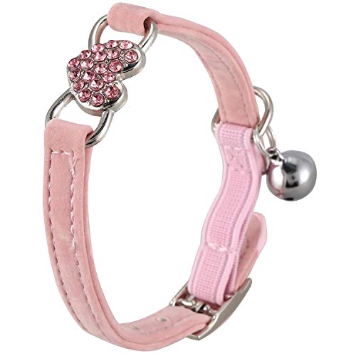 HLPIGF Encanto del CorazóN y Campana Gato Collar EláStico de Seguridad Ajustable con Material de Terciopelo Suave Collar Producto para Mascotas PequeñO S Rosa