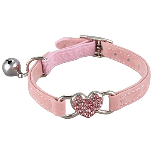 HLPIGF Encanto del CorazóN y Campana Gato Collar EláStico de Seguridad Ajustable con Material de Terciopelo Suave Collar Producto para Mascotas PequeñO S Rosa