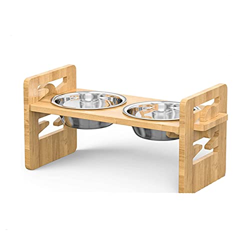 HOKOKO Cuencos para perros, cuencos elevados para perros, altura ajustable, alimentador de bambú para cachorros y gatos con 2 cuencos de acero inoxidable para gatos y perros pequeños y medianos
