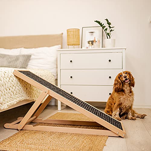 Holtaz Rampa para Perros y Gatos Rampa Plegable con Forro Antideslizante Rampa para escaleras de Madera para Cama o Sofá Natural 104x35x60 cm