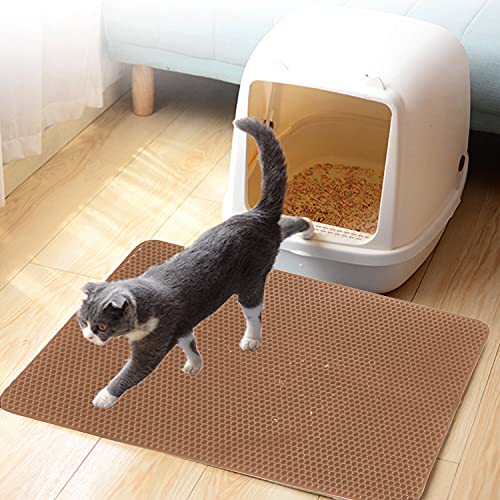 HOMTOL Alfombrilla de arena para gatos con diseño de gatito, trampa de doble capa de panal, resistente al agua, fácil de limpiar, bandeja de arena (M-45 x 60 cm, marrón)
