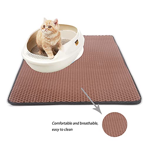 HOMTOL Alfombrilla de arena para gatos con diseño de gatito, trampa de doble capa de panal, resistente al agua, fácil de limpiar, bandeja de arena (M-45 x 60 cm, marrón)