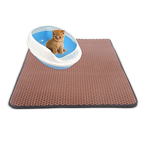 HOMTOL Alfombrilla de arena para gatos con diseño de gatito, trampa de doble capa de panal, resistente al agua, fácil de limpiar, bandeja de arena (M-45 x 60 cm, marrón)