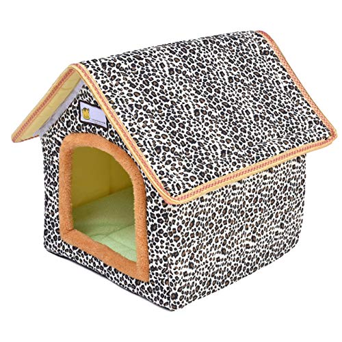 hook.s Casa para Mascotas, Antideslizante Plegable Perro Gato Cachorro Conejo Mascota Nido Cueva Cama casa con cojín extraíble, Estampado de Leopardo Impermeable Refugio para Gatos callejeros