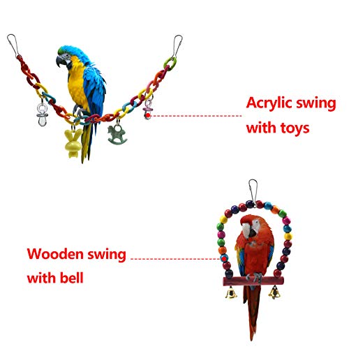 HQdeal Juguetes para Pájaros, 13pcs Juguetes de Loro con Campanas,Columpios,Perchas,Juguete de Masticación, juguetes para agapornis, ninfas, Mynah,Budgies, Periquitos,Pequeños y Medianos Loros de Aves
