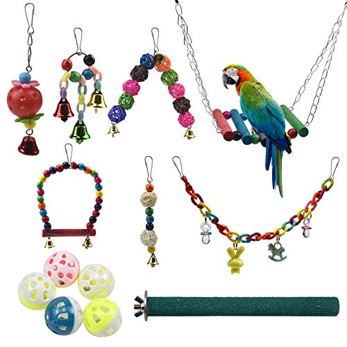 HQdeal Juguetes para Pájaros, 13pcs Juguetes de Loro con Campanas,Columpios,Perchas,Juguete de Masticación, juguetes para agapornis, ninfas, Mynah,Budgies, Periquitos,Pequeños y Medianos Loros de Aves