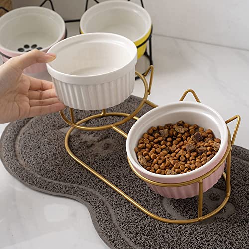 HQW Cuenco de cerámica para Gatos, con Soporte de Metal, Cuenco de alimentación, protección para el Cuello del Gato, Cuenco de cerámica para Gatos o Perros