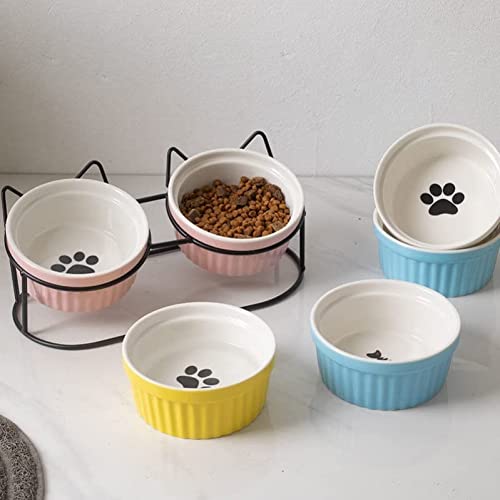 HQW Cuenco de cerámica para Gatos, con Soporte de Metal, Cuenco de alimentación, protección para el Cuello del Gato, Cuenco de cerámica para Gatos o Perros