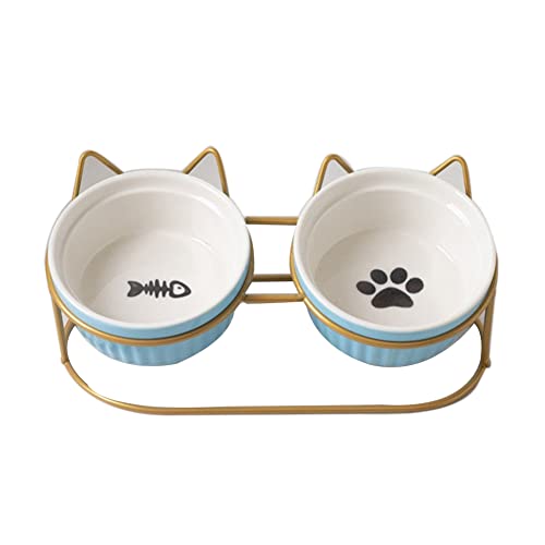 HQW Cuenco de cerámica para Gatos, con Soporte de Metal, Cuenco de alimentación, protección para el Cuello del Gato, Cuenco de cerámica para Gatos o Perros