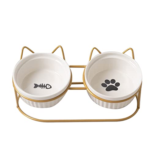 HQW Cuenco de cerámica para Gatos, con Soporte de Metal, Cuenco de alimentación, protección para el Cuello del Gato, Cuenco de cerámica para Gatos o Perros