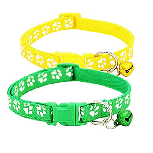 Huante – Juego de 2 collares de gato ajustables con campana, collar para animal de compañía con estampado de fantasía, collar extraíble de liberación rápida para gatos (verde y amarillo)